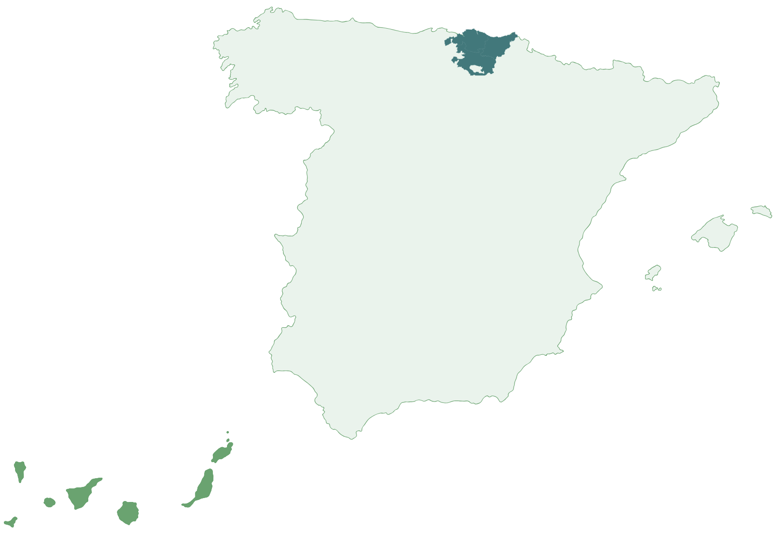 Mapa de Espa&ntilde;a con zonas fiscales: pen&iacute;nsula, Pa&iacute;s Vasco y Canarias